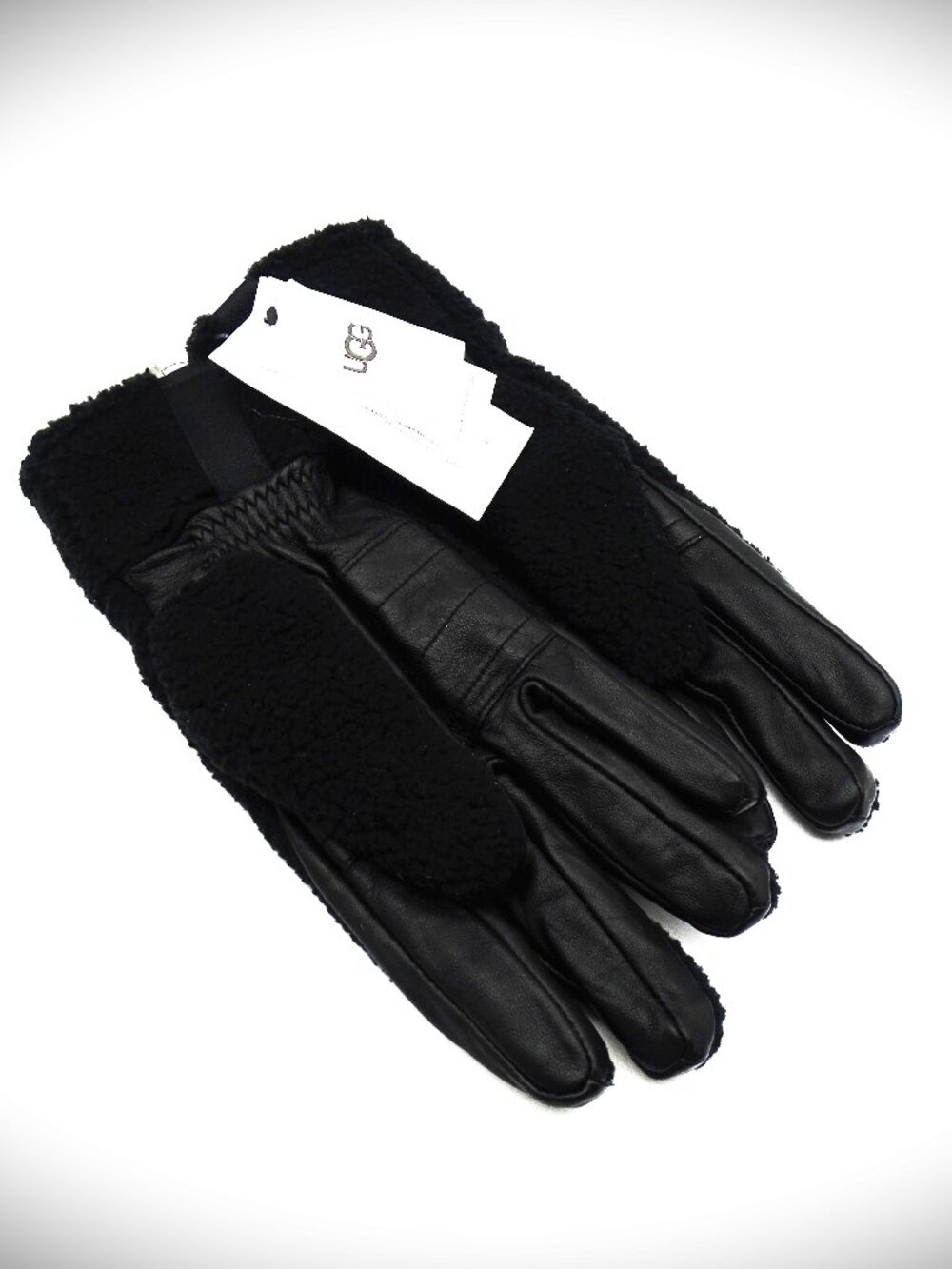 UGG Genuine Black Leather & Faux Fur Polyester Sherpa Gloves Sz XL